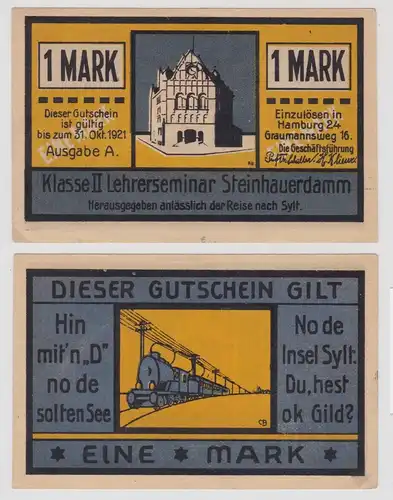 1 Mark Banknote Notgeld Hamburg Lehrerseminar Klasse II 1921 (151408)