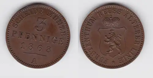 3 Pfennig Kupfer Münze Reuss ältere Linie 1868 A vz (151219)