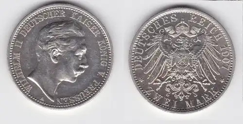 2 Mark Silbermünze Preussen Kaiser Wilhelm II 1907 Jäger 102 vz (151460)