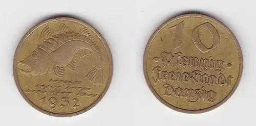 10 Pfennig Messing Münze Danzig 1932 Dorsch Jäger D 13 ss+ (150547)