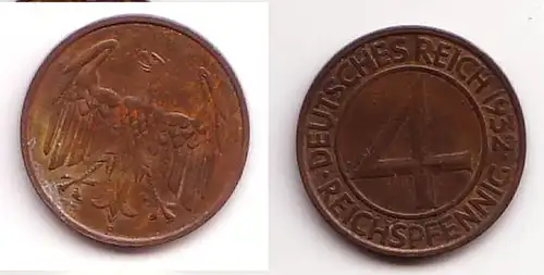 4 Pfennig Kupfer Münze Deutsches Reich 1932 F  (111602)