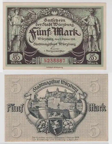 5 Mark Banknote Stadt Würzburg 08.10.1918 (137386)