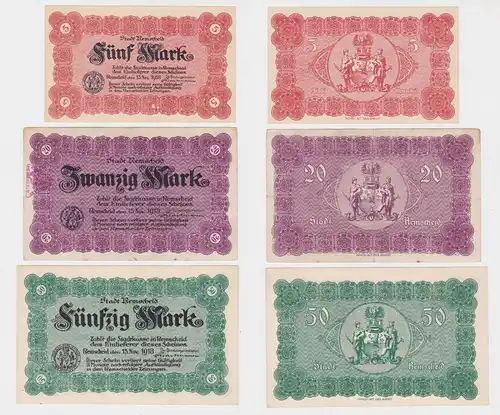 5,20 & 50 Mark Banknoten Notgeld Stadt Remscheid 15.11.1918 (134897)