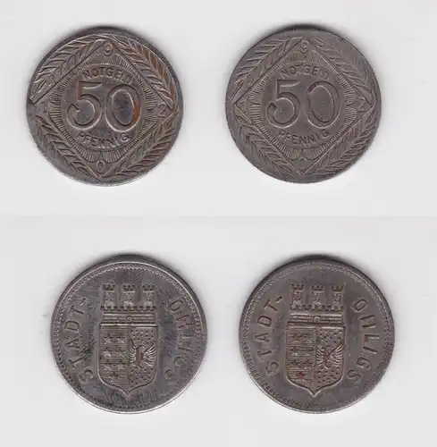 2 x 50 Pfennig Eisen Münzen Notgeld Stadt Ohligs 1920 (139704)