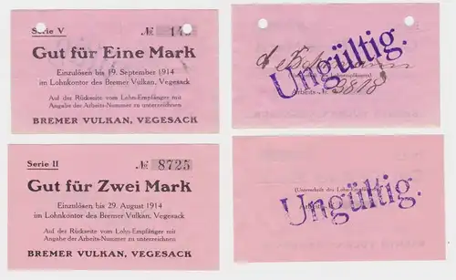 1 und 2 Mark Banknoten Lohnschecks Bremer Vulkan Werft Vegesack 1914 (138498)