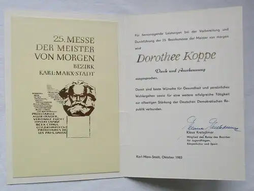 DDR Urkunde 25.Bezirksmesse der Meister von morgen Karl-Marx-Stadt 1983 (110212)
