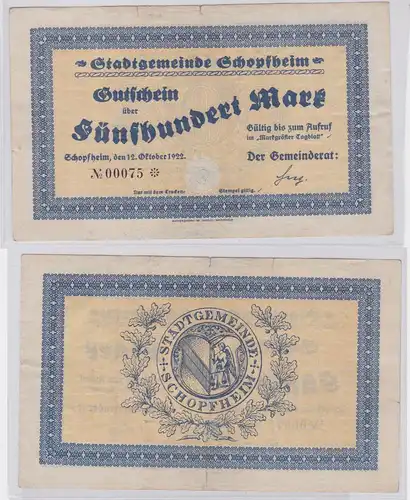 500 Mark Banknote Stadtgemeinde Schopfheim 12.10.1922 (126247)