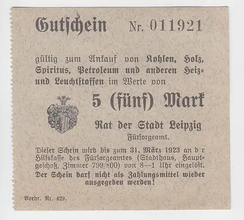 5 Mark Kohle Holz Gutschein Stadt Leipzig 31.März 1923 (120607)