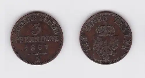 3 Pfennig Kupfer Münze Preussen 1867 A (122886)