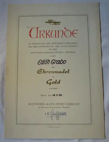 DDR Urkunde Ehrennadel in Gold des Deutschen Kanu-Sport-Verbands 1970 (114312)