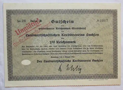 Gutschein 170 RM Kreditbrief Landwirtschaftl. Kreditvereins Sachsen 1930(144233)