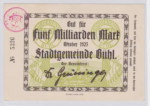 5 Milliarden Mark Banknote Stadtgemeinde Bühl Oktober 1923 (126212)