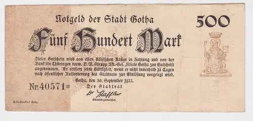 500 Mark Banknote Inflation Notgeld Stadt Gotha 30.9.1922 (126159)