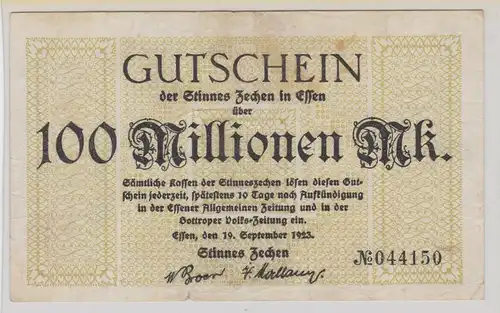 100 Millionen Mark Banknote Inflation Stinnes Zechen in Essen 19.9.1923 (135772)