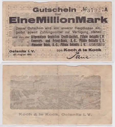 1 Million Mark Banknote Oelsnitz Vgtl. Koch & te Kock 23.8.1923 (122574)