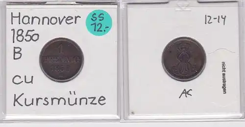 1 Pfennig Kupfer Münze Hannover 1850 B (121110)