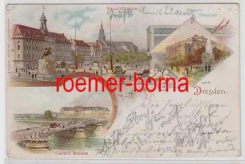 77771 Ak Lithografie Gruss aus Dresden Hauptstrasse, Carola Brücke, Theater 1898