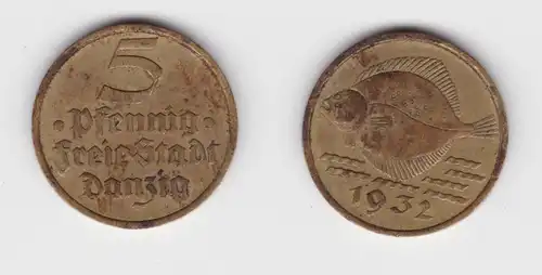 5 Pfennig Messing Münze Danzig 1932 Flunder ss (156336)