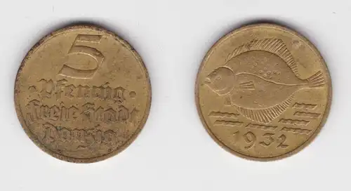 5 Pfennig Messing Münze Danzig 1932 Flunder ss (156320)