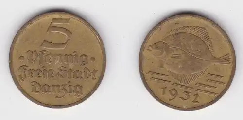 5 Pfennig Messing Münze Danzig 1932 Flunder ss/vz (156278)