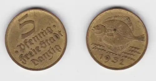 5 Pfennig Messing Münze Danzig 1932 Flunder ss (156332)