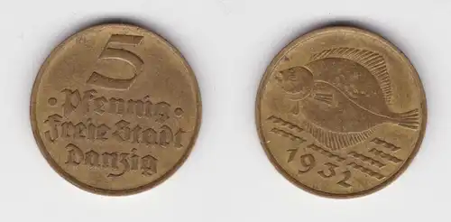5 Pfennig Messing Münze Danzig 1932 Flunder ss (156333)