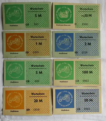 8 Banknoten 0,10 bis 100 Mark DDR LPG Geld "Gemeinsamer Weg" Haßleben (160263)
