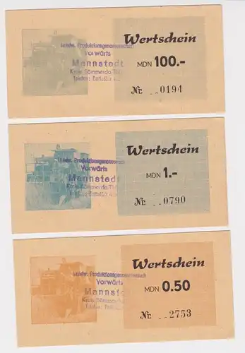 3 Banknoten 0,50 bis 100 Mark DDR LPG Geld "Vorwärts" Mannstedt (165787)