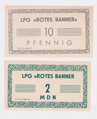 2 Banknoten 0,10 und 2 Mark DDR LPG Geld "Rotes Banner" (162239)