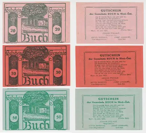 3 Banknoten 20 bis 50 Heller Notgeld Gemeinde Buch Juni 1920 (151949)