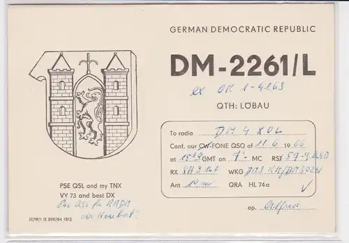 26027 QSL Karte Amateur Funker DDR Löbau mit Stadtwappen 1966