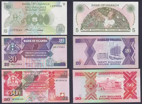 5, 20, 50 Shillings Banknote Uganda 1982, 1988, 1996 bankfrisch UNC (159994)