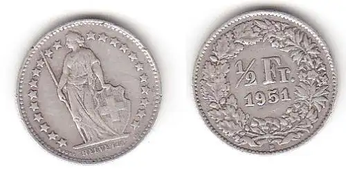 1/2 Franken Silber Münze Schweiz 1951 B (114261)