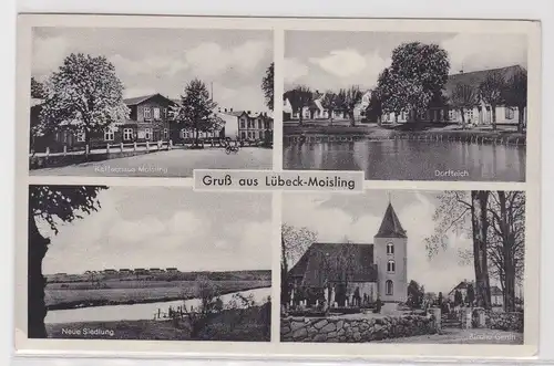 28372 Ak Gruss aus Lübeck-Moisling - Kaffeehaus, Kirche, Dorfteich, Siedlung