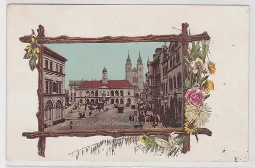 18235 Passepartout Ak Magdeburg - Marktplatz mit Dom, Rathaus u. Geschäften 1901