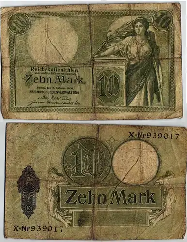 10 Mark Reichsbanknote Deutsches Reich 6.10.1908 KN 6stellig (121610)