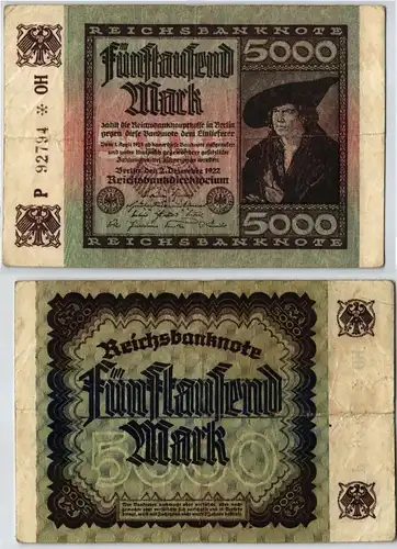 5000 Mark Reichsbanknote Deutsches Reich 2.12.1922 KN 5stellig (120974)