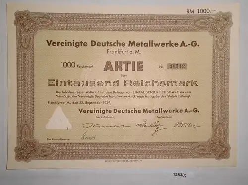 1000 Reichsmark Aktie Vereinigte Deutsche Metallwerke AG Frankfurt 1939 (128383)