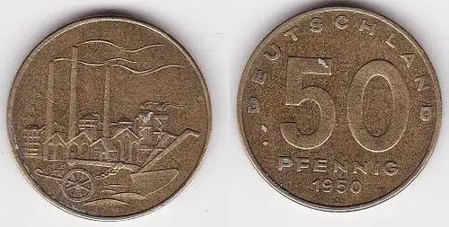 50 Pfennig Messing Münze DDR 1950 Pflug vor Industrielandschaft (122115)