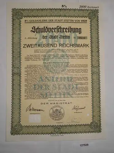 2000 RM Schuldverschreibung Goldanleihe Stadt Stettin 25. März 1929 (127529)