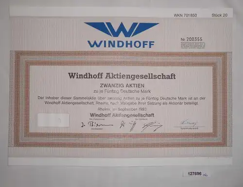 50 Mark zwanzig Aktien Windhoff AG Rheine September 1993 (127696)