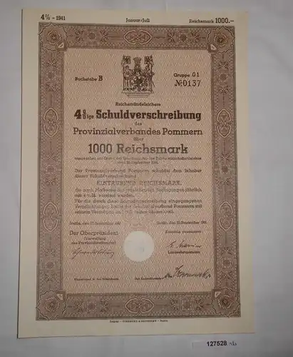 1000 RM Schuldverschreibung Provinzialverband Pommern 27. Sept. 1941 (127528)