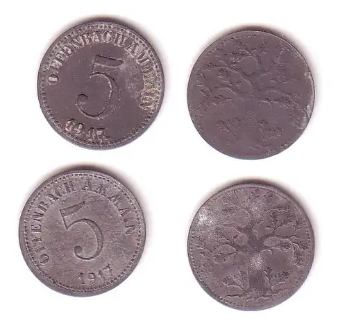 2 x 5 Pfennig Notgeld Zink Münzen Stadt Offenbach a.M. 1917 (112501)