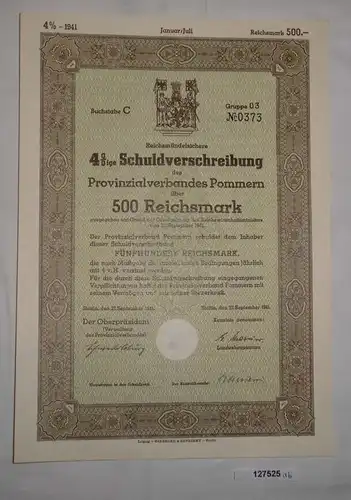 500 RM Schuldverschreibung Provinzialverband Pommern Stettin 27.9.1941 (127525)