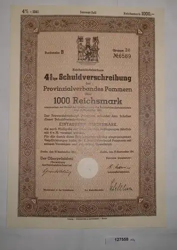 1000 RM Schuldverschreibung Provinzialverband Pommern Stettin 27.9.1941 (127558)