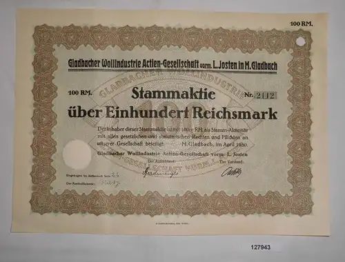 100 Deutsche Mark Aktie Gladbacher Wollindustrie AG April 1930 (127943)