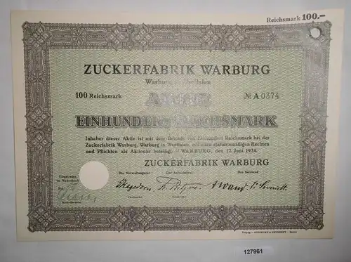 100 RM Aktie Zuckerfabrik Warburg in Westfalen 12. Juni 1934 (127961)