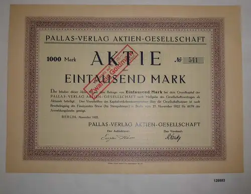 1000 Mark Aktie Pallas-Verlag AG Berlin November 1922 (126883)