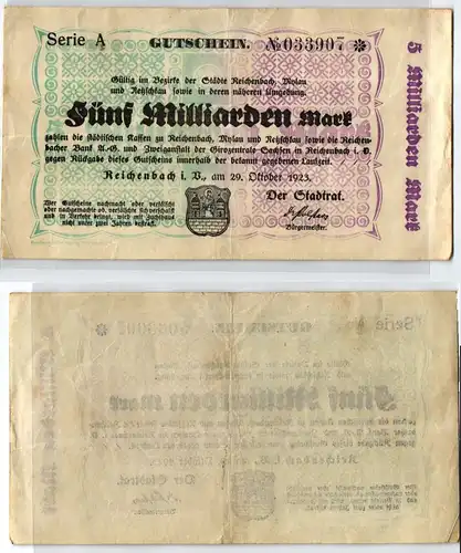 5 Milliarden Mark Banknote Inflation Reichenbach i.V 29.10.1923 (124035)