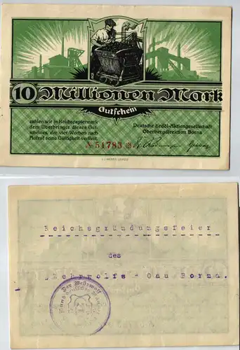 10 Millionen Mark Banknote Deutsche Erdöl AG Oberbergdirektion Borna (123969)
